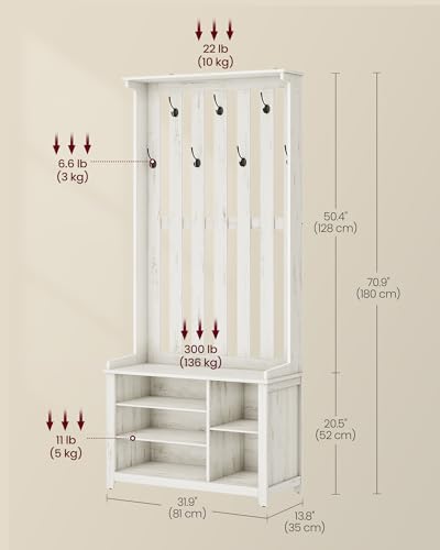 VASAGLE Hall Tree with Bench and Shoe Storage, Coat Rack with Shoe Bench, 7 Double Hooks for Jackets, Hats, Entryway, Bedroom, Living Room, 13.8 x 31.9 x 70.9 Inches, Rustic White UHSR414W01 - color: Rustic White