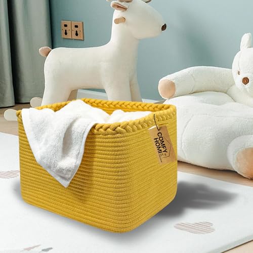 COMFY-HOMI Square Woven Cotton Rope Basket for Organizing, Gift Baskets for Handles, Empty Gift Baskets, Toy Basket for bins|13.5" x 11" x 9.5" home decor for Living Room, Bathroom - color: Yellow, size: 13.5"X11"X9.5"