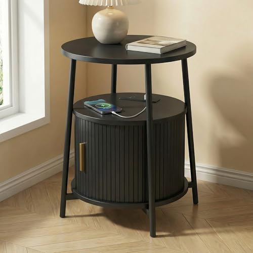 Round End Tables with Drawer: Fluted Side Table with Charging Station, Mid-Century Modern Nightstand with Sliding Door for Small Space Storage, Living Room, Bedroom - color: Black, size: 1 PACK