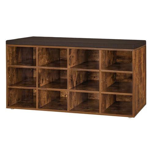 DINZI LVJ Shoe Storage Bench with Cushion, Cubby Shoe Rack with 12 Cubbies, Adjustable Shelves, Multifunctional Shoe Organizer Bench for Entryway, Mudroom, Hallway, Closet and Garage, Rustic Brown - color: Rustic Brown, size: 12 Cubby