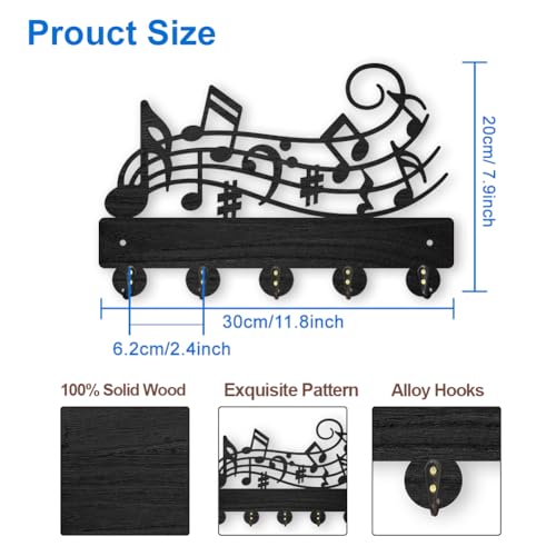MAYJOYDIY Music Notes Coat Hook Wall Mount 11.8×7.9inch Wood Musical Key Holder for Wall Key Hanger Wall Art Decor 5 Alloy Hooks Black Hook Rack Hat Towel Holder for Entryway Living Room Gift - color: Music Notes