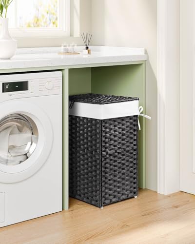 Greenstell Laundry Hamper with Lid, 60L Clothes Hamper with 2 Removable Liner Bags & 2 Mesh Bags, Handwoven Synthetic Rattan Basket, Toys in Bathroom, Bedroom Black - color: Black, size: 60L (13.4 x 13.4 x 21.7 inches)