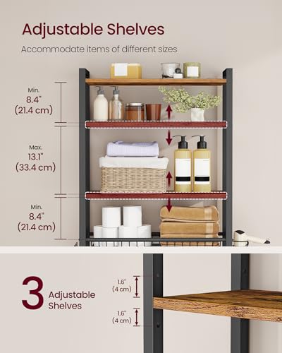 VASAGLE Over the Toilet Storage, Over Toilet Bathroom Organizer with Adjustable Shelves and Basket, 3 Hooks, Space Saving, 9.4 x 23.6 x 68.1 Inches, Rustic Brown UBTS114KD01S - color: Rustic Brown, style: 4 Tiers (68.1" H)