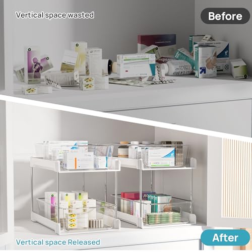 Vtopmart 2 Pack Bathroom Organizer, 2 Tier White Under Sink Organizers Vanity Countertop Storage Container,Cabinet Drawers Bins, Pull-Out Organization with Track for Pantry, Kitchen - color: White, size: S-Standard (2 Pack)