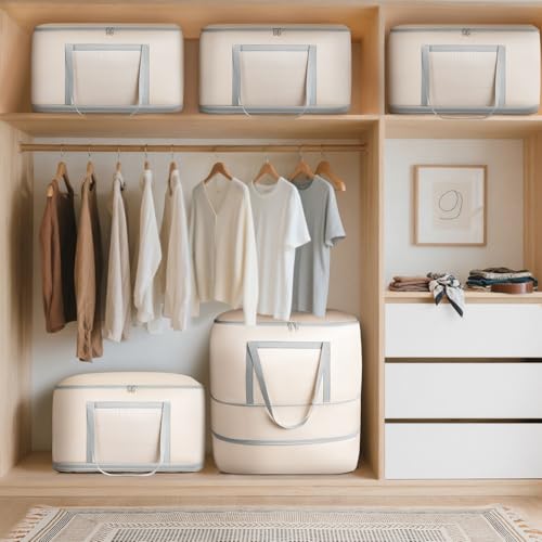 DIMJ Comforter Storage Bag - 120L Large Blanket Storage Compression Bags with Handles, Washable Clothes Storage Totes for Moving Closet, Space Saving Organizer for Bedding Comforter Blanket - color: Beige, size: 120L x 4 Pack