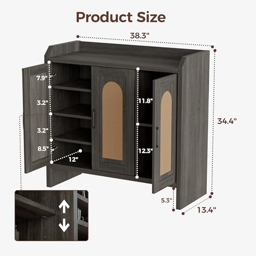 Mericonia Rattan Shoe Storage Cabinet, Farmhouse Shoe Cabinets Storage for Entryway, Boho Wooden Shoe Rack with 3 Doors for Entryway, Hallway (Black, 3 Door) - color: Black, size: 3 Door