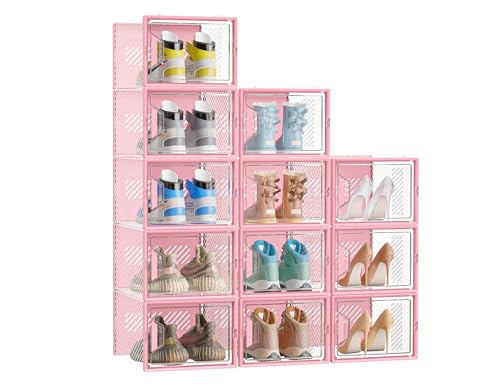 SIMPDIY Shoe Storage, 12 Pack X-Large Shoe Organizer for Closet, Shoe Boxes Clear Plastic Stackable Shoe Storage Boxes for Size 13 - color: Pink