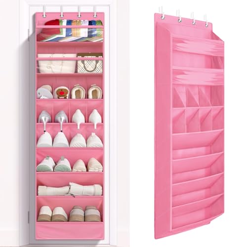 FENTEC 1 Pack 8 Shelves Over The Door Shoe Organizer,68" Exlarge Deep Pockets Hanging Shoe Organizers, Shoe Rack for Closet, Shoe Holder for Boots,Over Door Organizer in Home, RV, Dorm, Pink - color: PINK-(25+ Pairs), size: 1 Pack