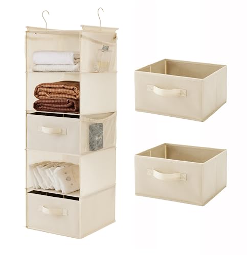 MAX Houser 5 Tier Shelf Hanging Closet Organizer, Cloth Hanging Shelf with 2 Sturdy Hooks for Storage, Foldable (Beige-D2) - color: Beige