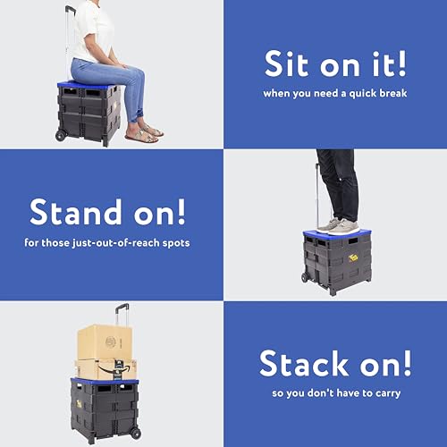 dbest products Quik Cart Collapsible Rolling Crate on Wheels for Teachers Tote Basket, 80 lbs Capacity, Blue Lid Made from Heavy Duty Plastic and used as a Seat - color: Black, Blue, style: Standard