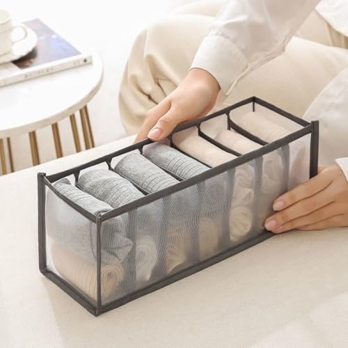7-Compartment Underwear Storage Box with Breathable Nylon Mesh, Foldable Drawer Organizer for Socks, Lingerie, and Small Clothing Items - color: Grey, size: 7 Cell