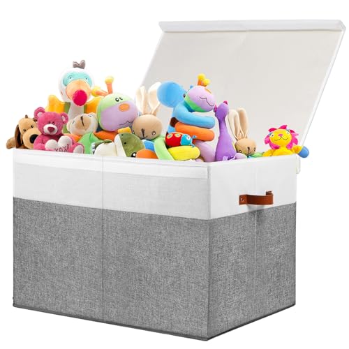 Gowee Large Toy Storage Box with Lid, Sturdy Toys Storage Chest Bin Organizer Basket with Dividers for Kids, Boys, Girls, Nursery, Closet, Bedroom, Playroom 26"x17" x17" (Grey and White) - color: Grey and White, size: 26"x17" x17"