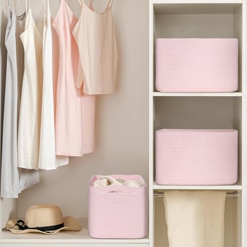 Baskets for Organizing,Storage Baskets,3 Pack Baskets for Shelfves,15"×10"×9" Woven Pink Basket,toy storage bins,bins for organization - color: Pink