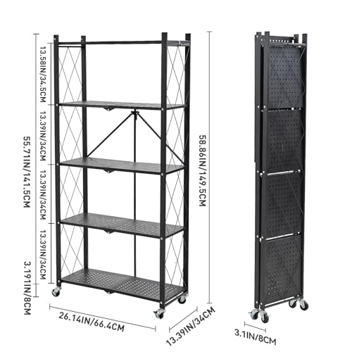BRIAN & DANY 5-Tier Foldable Storage Shelves with Wheels, Folding Metal Rack Shelving Unit, Heavy Duty No Assembly Organizer Shelf for Garage, Kitchen, Basement, Pantry, Black - color: Black, size: 5-tier