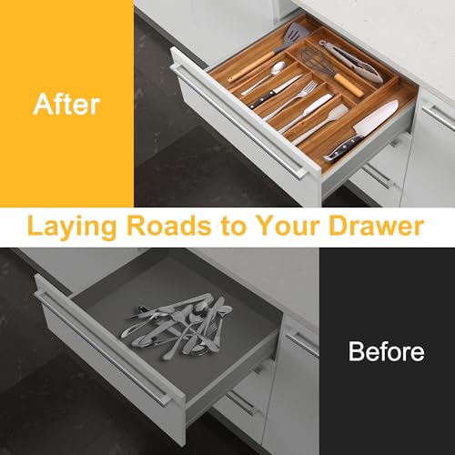 Large Premium Acacia Silverware Organizer - Expandable Drawer Organizer & Utensil Organizer - 17"x19.7" Cutlery Tray with Dividers for Kitchen Utensils and Flatware (7-9 Slots) Acacia - color: Acacia, size: 9 Slots Expandable