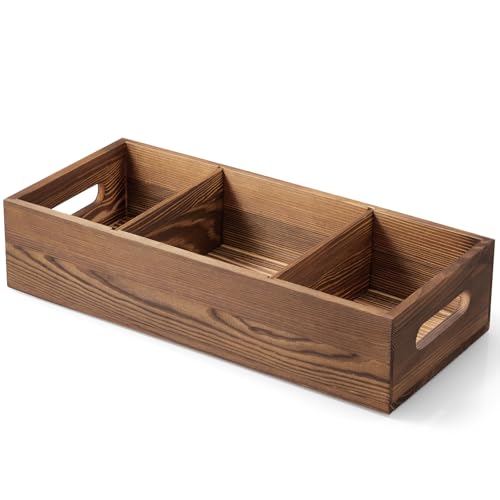 14 Inch Wood Bathroom Basket with Removable Dividers - 3 Comparments Wooden Toilet Paper Basket with Handle for Back of Toilet Tank Topper - Storage Organizer for Bathroom Kitchen Pantry Organization - color: Brown