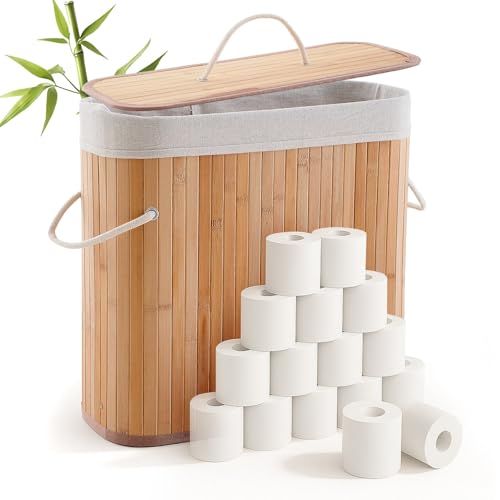 Leinuosen Bamboo Toilet Paper Storage Basket 8 Gallons Toilet Paper Organizer Holder with Lid Waterproof for Kitchen Bathroom Home(Beige,Regular) - color: Beige, style: Regular