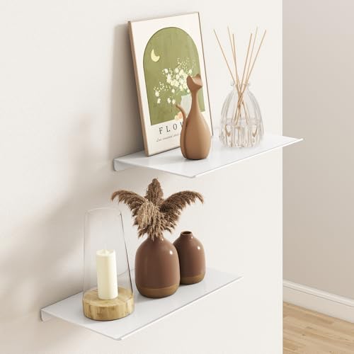 MKO 8" Small Floating Shelves for Wall, Metal Wall Mounted Shelf for Bathroom, Bedroom, Living Room, Kitchen, Little Hanging Shelves for Books/Storage/Room Decor 2 Packs, White - color: White, size: 8 IN