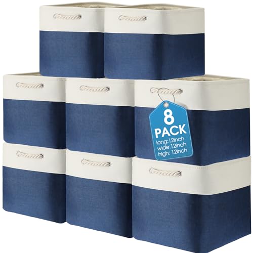 meekoo 8 Pack Collapsible Storage Bins Fabric Storage Bins Polyester Fabric Baskets with Handles Linen Closet Organizer for Shelf Home Closet Towels Toys(12 x 12 x 12 in,Blue White) - color: Blue White, size: 12 x 12 x 12 In