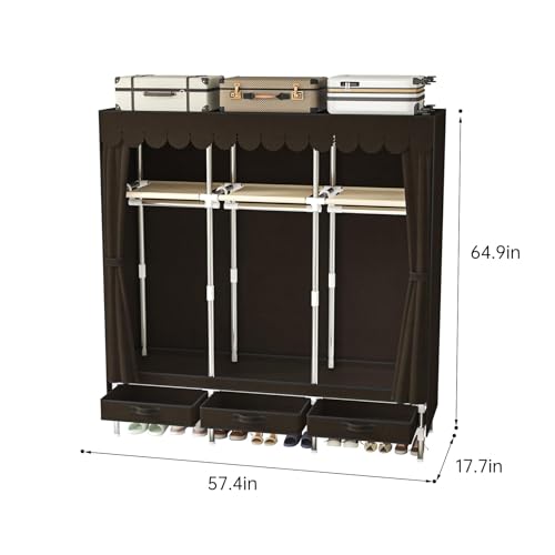 Portable Amories Closet Wardrobe with Non Woven Fabric Cover,59 Inch Large Metal Clothes Rack Storage Closet with 3 Hanging Rods,3 Drawers and 3 Storage Shelves,Brown,for Small Room - color: Brown
