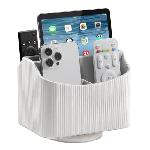 PU Leather Remote Control Holder, 360 Degree Rotating Desk Organizer Storage Table Remote Caddy, Spinning Bedside Organizer Nightstand Organizer for Desktop Office Home (White) - color: White