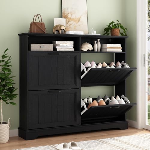 Shoe Storage Cabinet with 4 Flip Drawers, Farmhouse Modern Hidden Shoes Rack Cabinet with Adjustable Shelves & Open Storage, Narrow Slim Shoe Organizer for Front Door Entrance, Entryway, Hallway,Black - color: Black, size: 4-Drawers