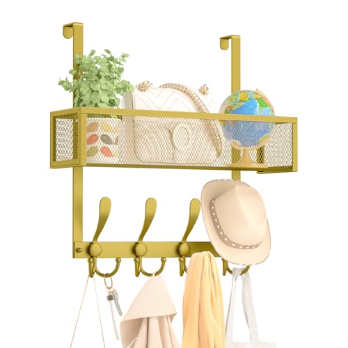 Kaiferty Over The Door Hooks Organizer,Over Door Hanger Towel Rack Mesh Basket with 12 Hooks,Back of Door Storage Organizer for Bedroom,Bathroom,Kitchen,Office(Gold) - color: 1 Upgrated Baskets-Gold