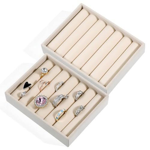 2 PCS Small Jewelry Tray Ring Organizer, Velvet Stackable Ring Organizer Mini Jewelry Drawer Organizer Tray 6 Slots Ring Stud Earrings Display Case for Women(Beige) - color: Beige