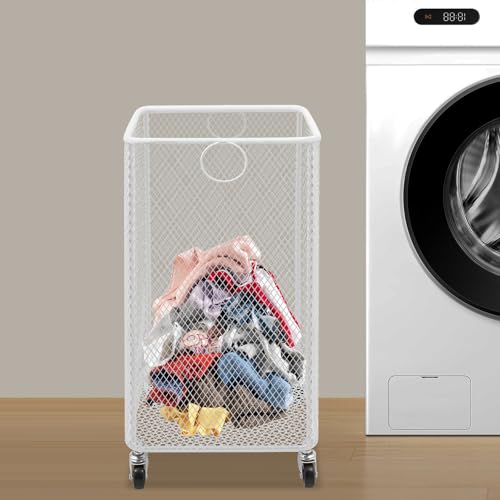 Metal Laundry Storage Cart - Square, Mesh Wire Rolling Laundry Hamper with Wheels & Ring Handles, Clothes or Linen Storage Organizer Hamper Bin Laundry Basket, 12"L x 12"W x 22"H, White - color: White, size: Square - 12"W