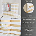 BLU MONACO | Cardboard Magazine File Holder Set of 4 Gold White Stripes | Vertical Magazine File Holder with Label Slots | Standing File Holder and Cardboard Bins for Shelves Desk Classroom - color: White Gold Stripes