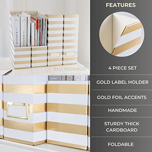 BLU MONACO | Cardboard Magazine File Holder Set of 4 Gold White Stripes | Vertical Magazine File Holder with Label Slots | Standing File Holder and Cardboard Bins for Shelves Desk Classroom - color: White Gold Stripes