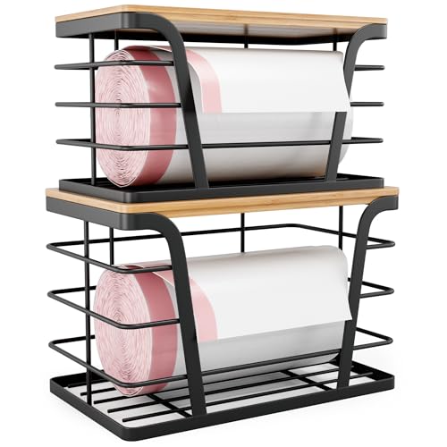 TIDIIABODE 2 Pack Stackable Storage Laundry Kitchen Organizers, Wall Mount Trash Bag Holder with Bamboo Top and Garbage Bag Dispenser No Drill - color: 2-Pack-L&S-Black