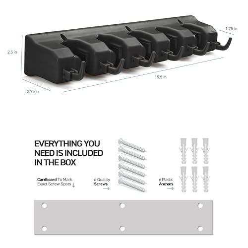 2 Pack Mop and Broom Holder Wall Mount - Garage Storage Organizer with 5 Slots, 6 Hooks, 7.5lbs Capacity Per Slot - Home, Kitchen, Closet, Laundry Room Organization – Black Broom Hanger - color: Black, size: 2 Pack 5-position, 6-Hooks