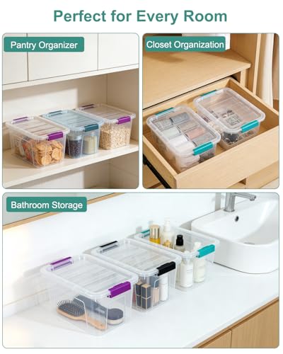 Storage Bins with Lids 6 Pack Clear Storage Containers, 7 Quart Stackable Plastic Containers with Secure Black Buckle Latch, Durable Storage Box Organizer for Pantry, Closet, Office & Classroom - color: Clear+Green