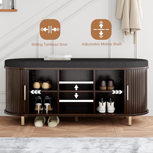 DHH 2-Tier Storage Bench,Wide Shoe Bench with Thickened Padded Seat Cushion, Mid Century Modern Fluted Sliding Door and Adjustable Shelf, for Entryway, Living Room, Bedroom (Dark Walnut, 43.3“) - color: Dark Walnut, size: 43.3 inch