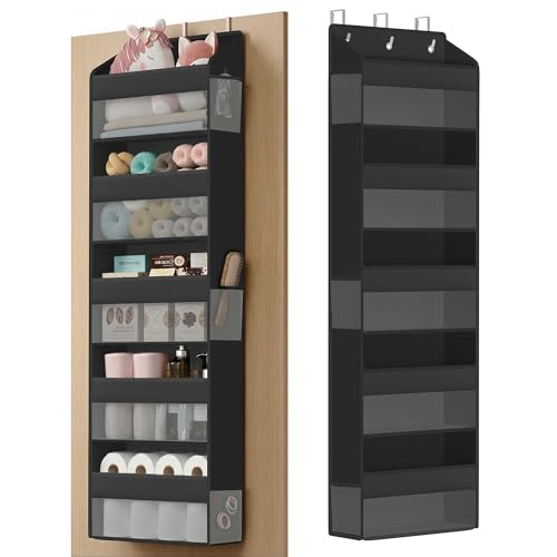 SONGMICS Over-the-Door Organizer, 5-Tier Door Hanging Storage Shelf, Heavy-Duty Closet Hanging Organizer Foldable, Transparent, Pockets, Metal Hooks, Ink Black URDH010BH01 - color: Ink Black