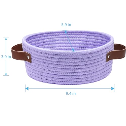 ABenkle Small Woven Basket with Handles, Mini Rope Storage Basket, Tiny Cute Shelf Basket, Oval Decorative Toys Basket for Nursery, Living Room, Empty Gift Basket, 9.4" x 5.9" x 3.9" - XS - color: Purple
