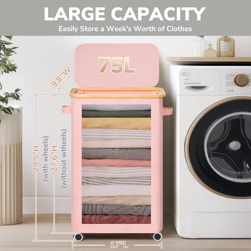 Goodpick Slim Laundry Basket with Wheels and Lid, 75L Tall Laundry Hamper with Bamboo Frame Removable Bag, Collapsible Clothes Hamper for Dorm Home Decor, Pink, 17" x 9.8" x 29.5" - color: Pink, size: 75L (17"L x 9.8"W x 29.5"H)