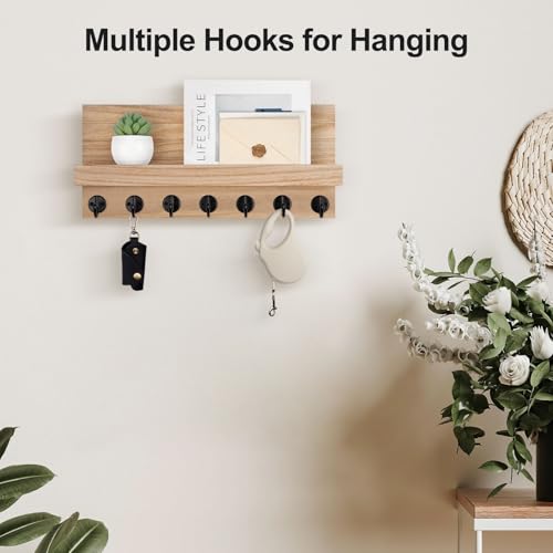 Lwenki Key Holder Wall Mount, Entryway Key and Mail Holder with 7 Sturdy Hooks for Sunglasses, Dog Leash, Decorative Wall Shelf with Mounting Hardware, 15”W x 6.7”H x 4.2”D (Wood) - color: Wood