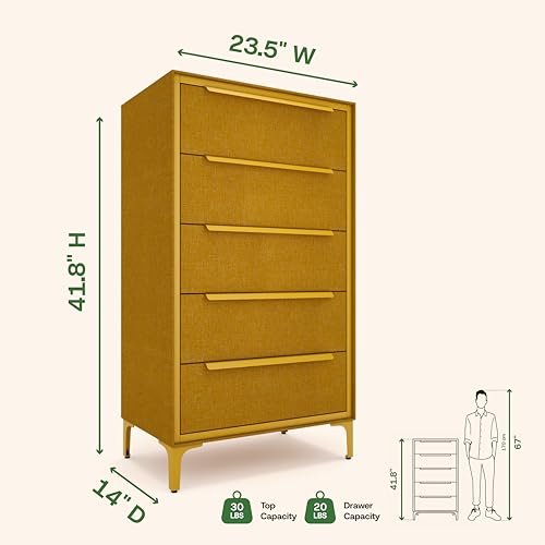 tinge Naima Premium Fabric Dresser - Strong Metal Frame, 5 Spacious Sag-Proof Drawers with Sleek Metal Handles - Premium & Durable Storage Solution for Your Home (Yellow) - color: Yellow, size: 14"D x 23.5"W x 41.8"H (5 Drawers)