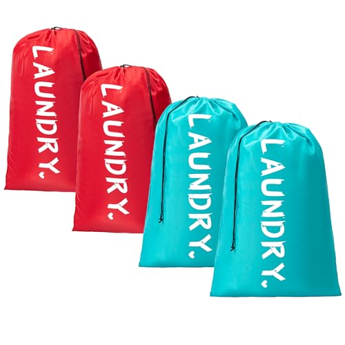 4 Pack XL Travel Laundry Bag, Machine Washable Dirty Clothes Organizer with Drawstring,Large Enough to Hold 4 Loads of Laundry, Easy Fit a Laundry Hamper or Basket Travel Essentials 24" x 36" - color: Blue+Red, size: 24"x36" |4 Pack