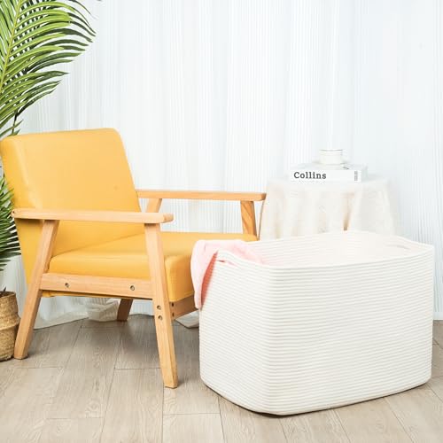 MINTWOOD Design 112L Extra Large Blanket Basket Holder Living Room, 25"x17"x16" Rectangle Rope Woven Storage Basket with Handles for Laundry, Towels, Shoes, Dog Toy Organizer Bin Box, Creamy White - color: Creamy White