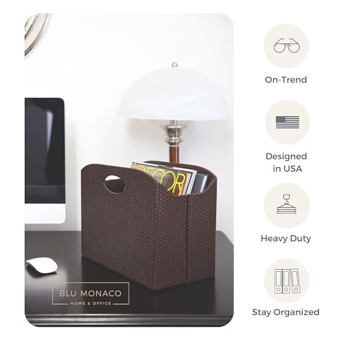 BLU MONACO Brown Woven Leather Magazine Holder Basket with Handles | Vertical File Organizer for Desk | File Folder Storage Bin for Office, Living Room or Bathroom - color: Brown