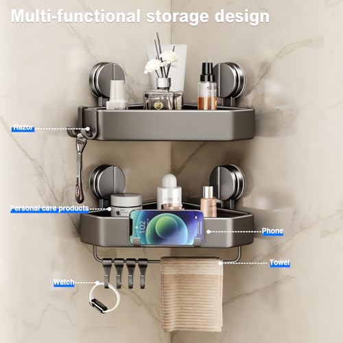 Mustorn Suction Cup Shower Caddy Corner, 1 Pack Suction Corner Shower Shelves No Drilling, Rustproof Shower Organizer Suction Cup with Towel Holder & Hooks Removable Bathroom Storage Rack(Gray) - size: 1 Pack
