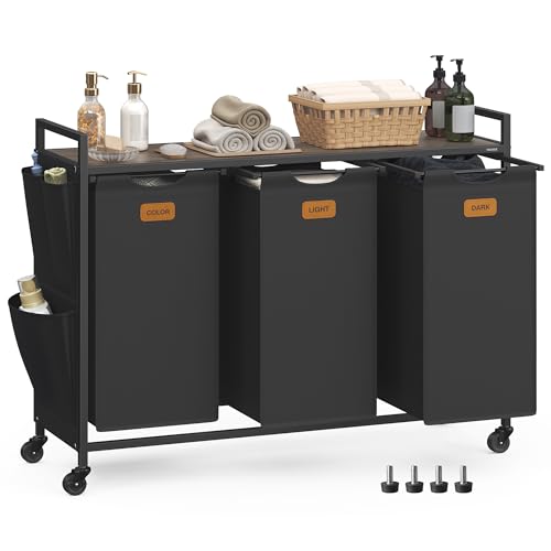 VASAGLE Laundry Hamper, Laundry Sorter Rolling Cart with Shelves, Small Side Pockets, 6 Labels, 3 Compartments, 39.6 Gal. (150 L), Ink Black and Ash Brown UBLH223BH01 - color: Ink Black + Ash Brown, size: 3 Bags