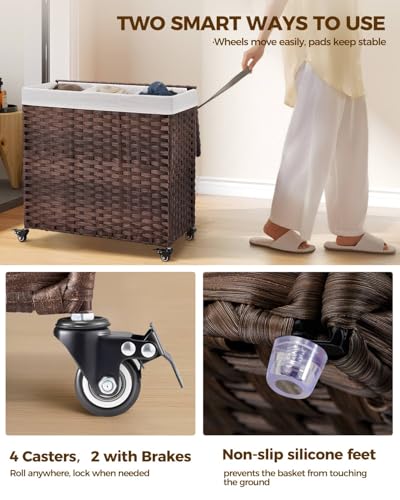 GREENSTELL Laundry Hamper with Wheels&Lid, 130L Large 3 Sections Clothes Hamper with 2 Types Removable Liner Bags, 5 Mesh Laundry Bags, Handwoven Divided Laundry Basket Brown - color: Brown, size: 130L: 25.6x13.0x25.7 Inches