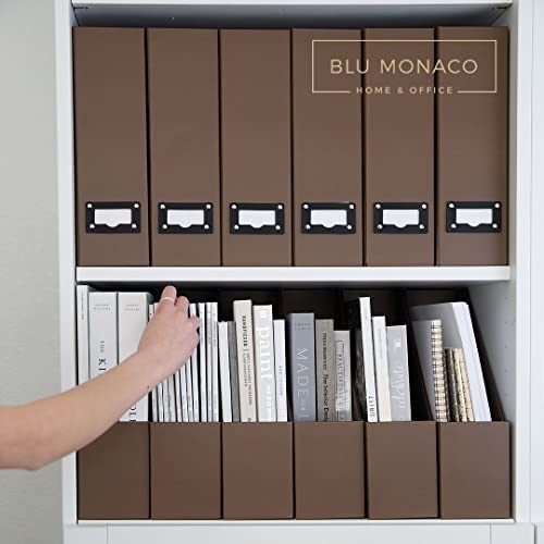 BLU MONACO | Cardboard Magazine File Holder Set of 6 | Vertical Magazine File Holder with Leather Label Slots | Standing File Holder and Cardboard Bins for Shelves Desk Office - color: Brown