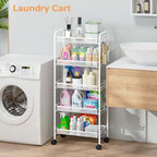 TOOLF 5-Tier Rolling Cart, Metal Utility Cart with 3 Hooks, Easy Assemble Mobile Storage Trolley On Wheels, Metal Shelving Units Kitchen Bathroom Laundry Room - color: White, size: 5-Tier