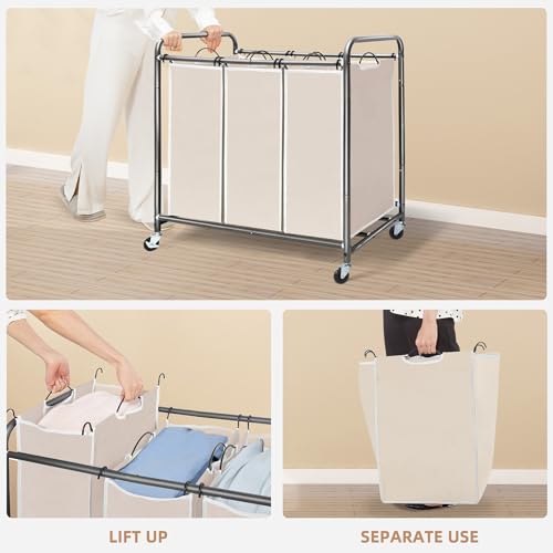 STORAGE MANIAC 3 Section Laundry Sorter, 35.9 Gal (136 L) Laundry Hamper Cart with Heavy Duty Rolling Lockable Wheels and Removable Bags, Clothes Organizer Basket Clothes Separator Hamper, Beige - color: Beige, size: 3 Section
