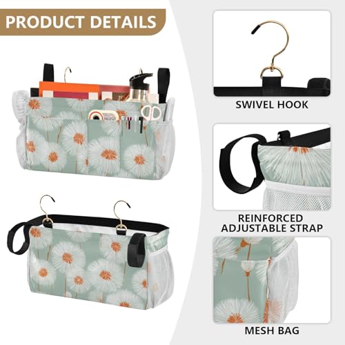 Bedside Caddy Metal Frame Hanging Organizer Bunk Bed Dorm Accessories Hook And Loop Storage Bag Large Pockets Green Minimalist Dandelion - color: Green Minimalist Dandelion